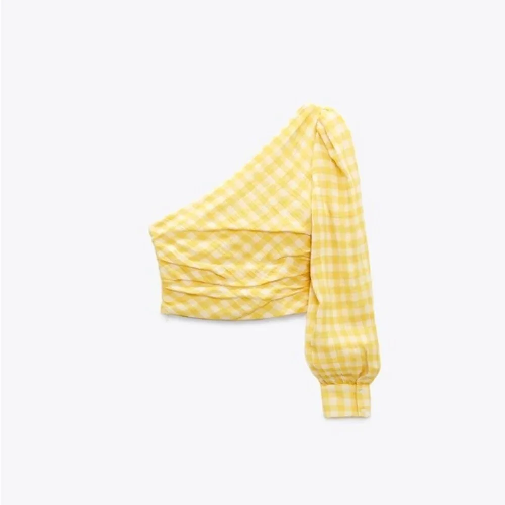 NWT ZARA yellow gingham one shoulder xs crop top picnic plaid